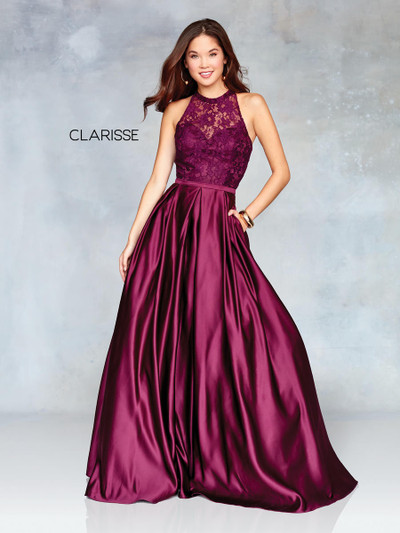 Clarisse 3763 Lace Satin Illusion Halter Neckline Long Dress