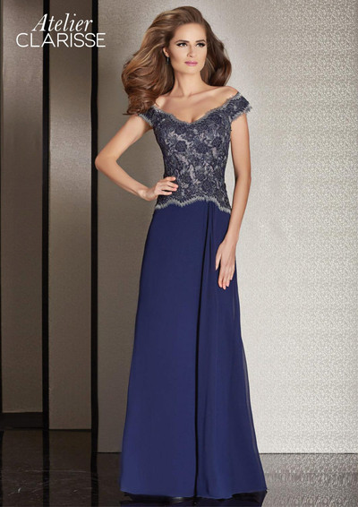 Clarisse M6254 Chiffon Floral Lace Off-Shoulder Long Gown