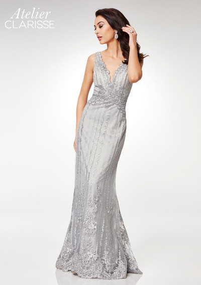 Clarisse M6501 Adorned Lace Embroidery Deep V-Neck Dress