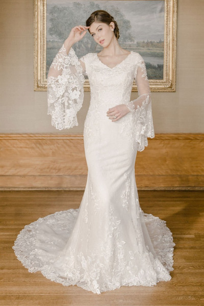 Modest by Mon Cheri TR22056 Tulle Allover Lace Wedding Dress Modest by Mon Cheri TR22056 Tulle Allover Lace Wedding Dress