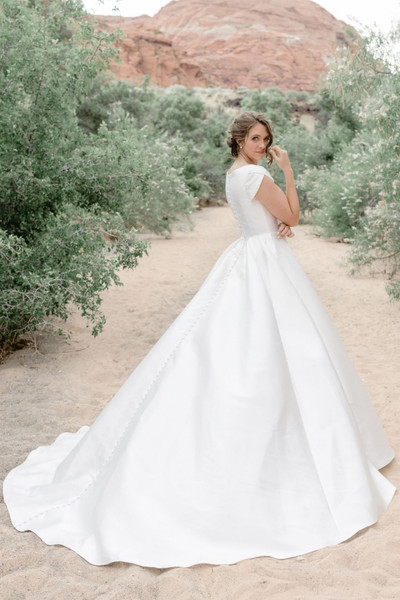 Modest by Mon Cheri TR12033 Mikado Cap Sleeve Wedding Dress