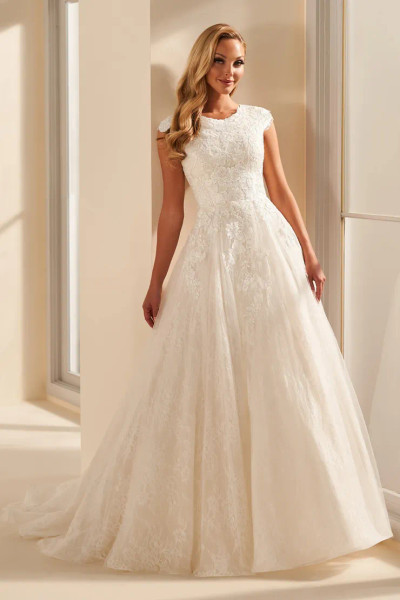 Modest by Mon Cheri MOD1801 Allover Lace Tulle Wedding Dress Modest by Mon Cheri MOD1801 Allover Lace Tulle Wedding Dress