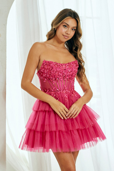 Amelia Couture 9066S Embroidery Strapless Tiered Short Dress