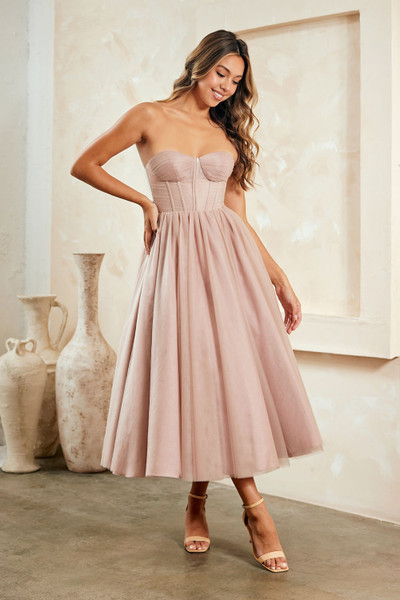 Amelia Couture 6203S Tulle Strapless Corset Tea Length Dress