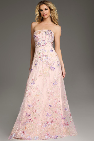 Jovani 39144 Floral Embroidery Strapless Straight Neck Gown Jovani 39144 Floral Embroidery Strapless Straight Neck Gown
