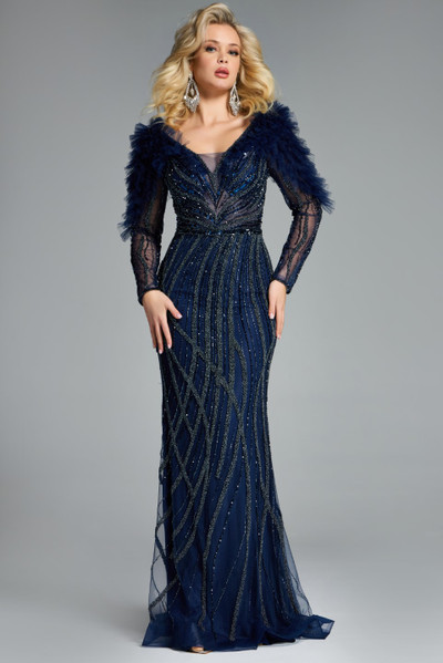 Jovani 42367 Sequin Beaded Sheer Sleeves V-Neck Evening Gown