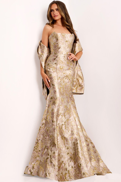 Jovani 41131 Metallic Brocade Strapless Mermaid Long Gown