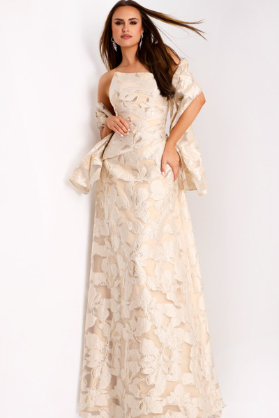 Jovani 44370 Metallic Jacquard Floral Embroidery A-Line Gown Jovani 44370 Metallic Jacquard Floral Embroidery A-Line Gown