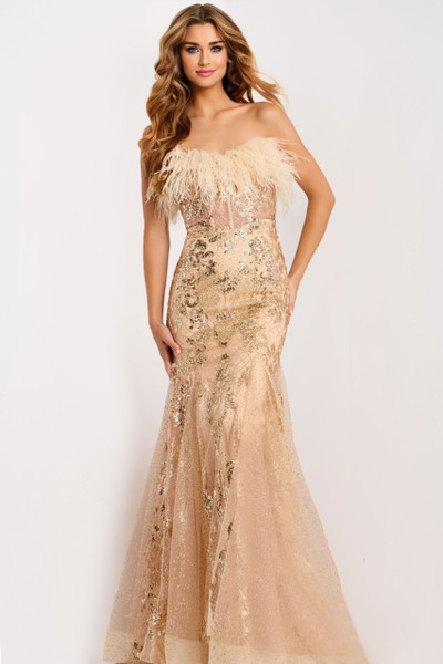 Jovani 48465 Feathers Neckline Strapless Fitted Prom Dress Jovani 48465 Feathers Neckline Strapless Fitted Prom Dress