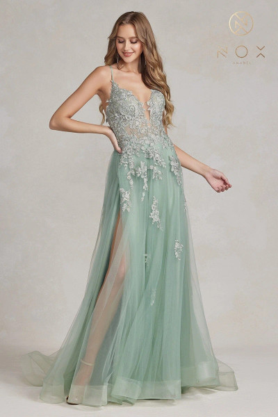 Nox Anabel G1149 Polyester Tulle Embellished V-neck Dress Nox Anabel G1149 Polyester Tulle Embellished V-neck Dress