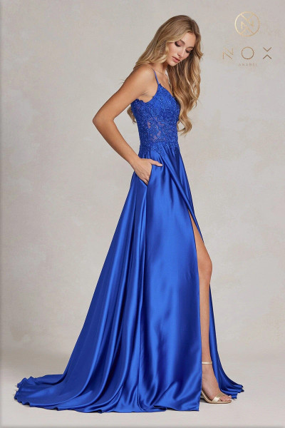 Nox Anabel K1121 Satin Beaded Embroidered V-neck Prom Gown Nox Anabel K1121 Satin Beaded Embroidered V-neck Prom Gown