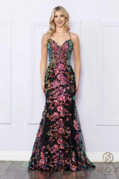 Nox Anabel R1439 Sequined Embroidery Spaghetti Straps Dress Nox Anabel R1439 Sequined Embroidery Spaghetti Straps Dress