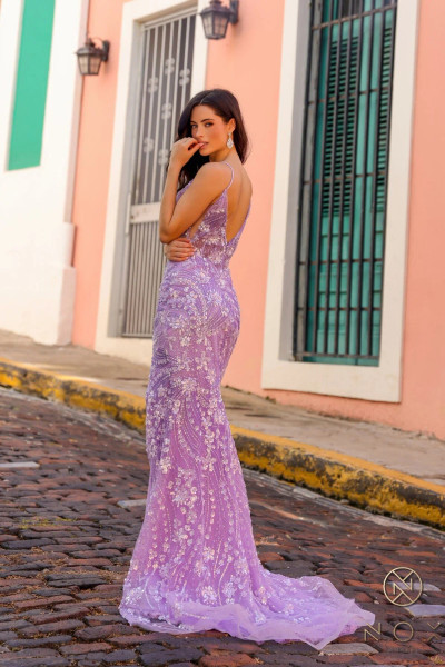 Nox Anabel C1458 Floral Sequin Tulle V-neck Sleeveless Gown