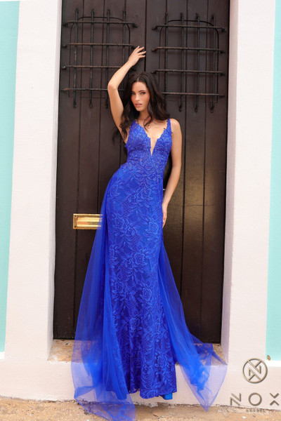 Nox Anabel G1353 Embroidered Deep V-Neck Overskirt Dress