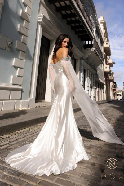 Nox Anabel R1312 Off-Shoulder Drapes Sleeve Fitted Dress Nox Anabel R1312 Off-Shoulder Drapes Sleeve Fitted Dress