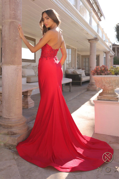Nox Anabel C1345 Floral Embellishments Mesh Strapless Dress