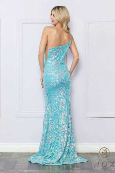 Nox Anabel R1308 Sequin Floral Print One Shoulder Prom Gown
