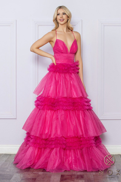 Nox Anabel R1316 Glitter Layered Tulle Deep V-neck Dress Nox Anabel R1316 Glitter Layered Tulle Deep V-neck Dress