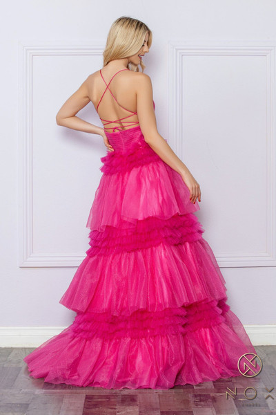 Nox Anabel R1316 Glitter Layered Tulle Deep V-neck Dress Nox Anabel R1316 Glitter Layered Tulle Deep V-neck Dress