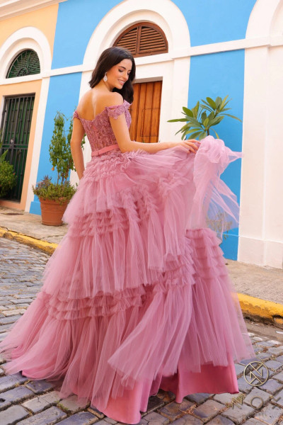 Nox Anabel E1293 Ruffled Tulle Layered Off Shoulder Dress Nox Anabel E1293 Ruffled Tulle Layered Off Shoulder Dress