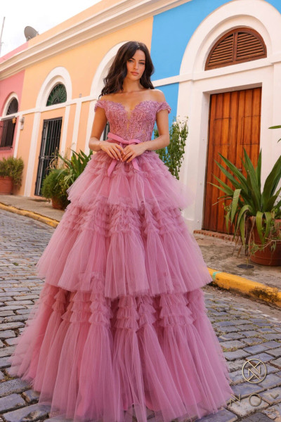 Nox Anabel E1293 Ruffled Tulle Layered Off Shoulder Dress Nox Anabel E1293 Ruffled Tulle Layered Off Shoulder Dress