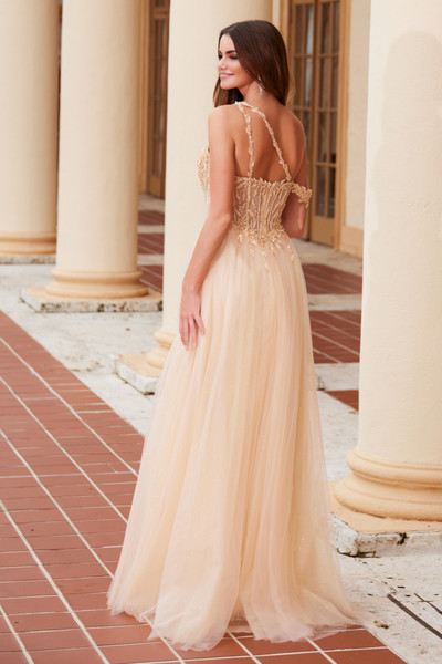 Nox Anabel F1567 Embroidered Sheer Boned Waist Prom Dress