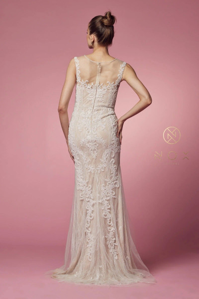 Nox Anabel E1006P Floral Illusion Neckline Sleeveless Gown Nox Anabel E1006P Floral Illusion Neckline Sleeveless Gown