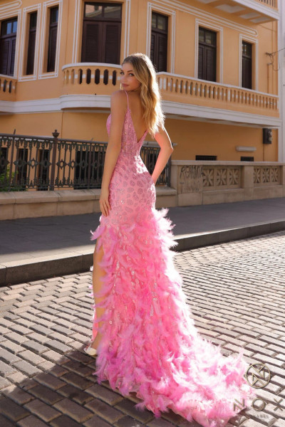 Nox Anabel C1422 Feathers V-neckline Sleeveless Prom Gown Nox Anabel C1422 Feathers V-neckline Sleeveless Prom Gown