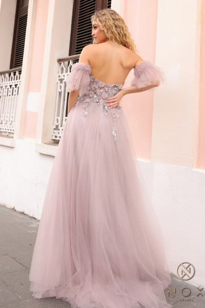 Nox Anabel E1453 3D Floral Sheer Boned Strapless Prom Dress Nox Anabel E1453 3D Floral Sheer Boned Strapless Prom Dress