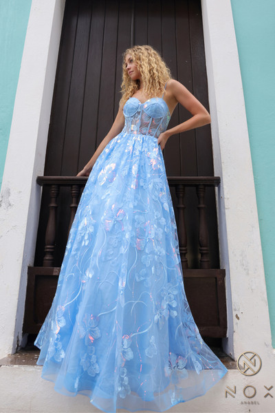 Nox Anabel T1332 Floral Embroidered Sheer Bone Corset Dress