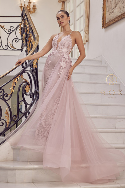 Nox Anabel F485 Lace Beaded Embroidered Overskirt Prom Gown