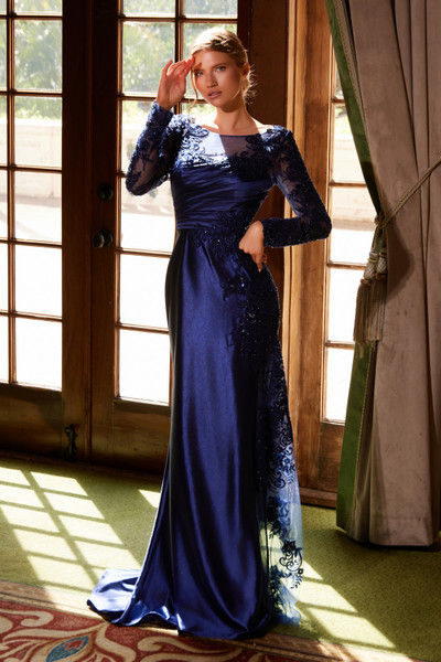 Nox Anabel ME123 Stretch Satin Illusion Long Sleeve Gown Nox Anabel ME123 Stretch Satin Illusion Long Sleeve Gown
