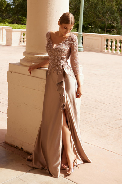 Nox Anabel ME126 Stretch Satin Floral 3/4 Sleeve Long Dress Nox Anabel ME126 Stretch Satin Floral 3/4 Sleeve Long Dress