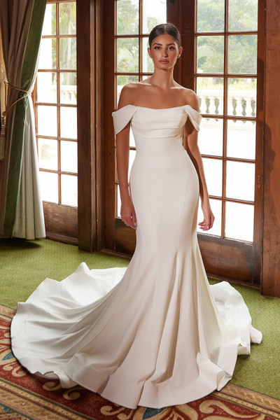 Nox Anabel JW1032 Stretch Satin Off-shoulder Wedding Gown Nox Anabel JW1032 Stretch Satin Off-shoulder Wedding Gown