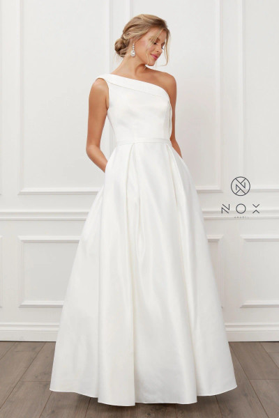 Nox Anabel E469 Satin One Fold-Over Shoulder Wedding Gown Nox Anabel E469 Satin One Fold-Over Shoulder Wedding Gown