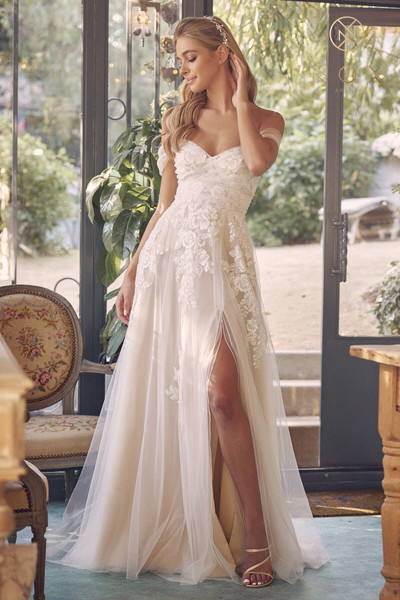 Nox Anabel JE953 Embroidered Tulle Off-Shoulder Wedding Gown Nox Anabel JE953 Embroidered Tulle Off-Shoulder Wedding Gown