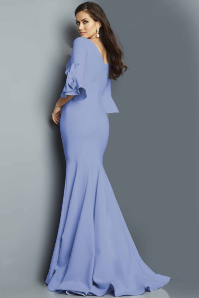 Jovani 09776 Crepe Boat Neck Three Quarter Sleeve Long Dress