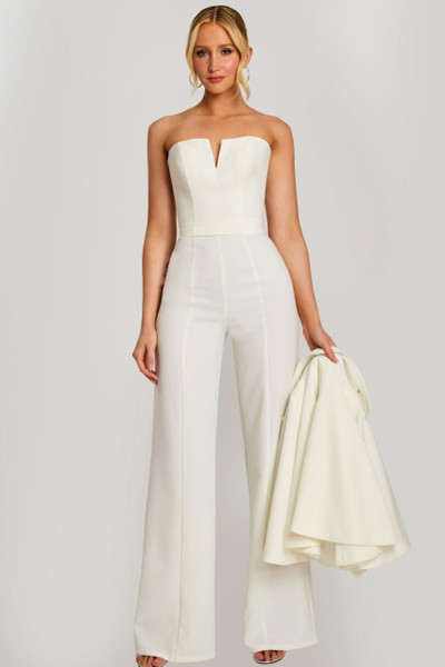 Jovani 46781 Crepe V-Notch Neckline Strapless Cape Jumpsuit