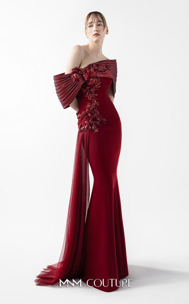 MNM Couture G2022 Asymmetric Neck Off-Shoulder Pleated Gown