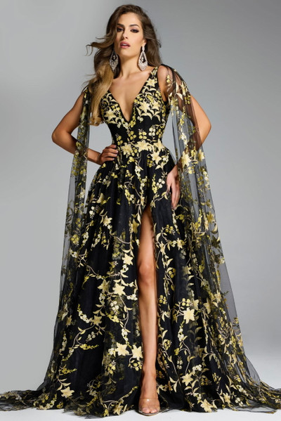 Jovani 39035 Embroidered Floral V-Neck Cape Sleeves Gown
