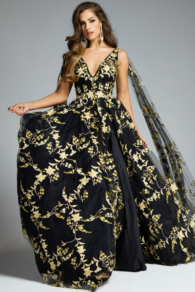 Jovani 39035 Embroidered Floral V-Neck Cape Sleeves Gown
