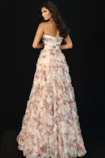 Jovani 46783 Floral Printed Layered Ruffles Strapless Gown