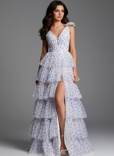 Jovani 49358 Tiered Ruffle Polka Dot V-Neck Sleeveless Gown