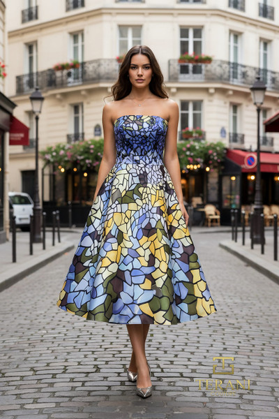 Terani Couture 261C6762 Print Satin Straight Tea Length Gown