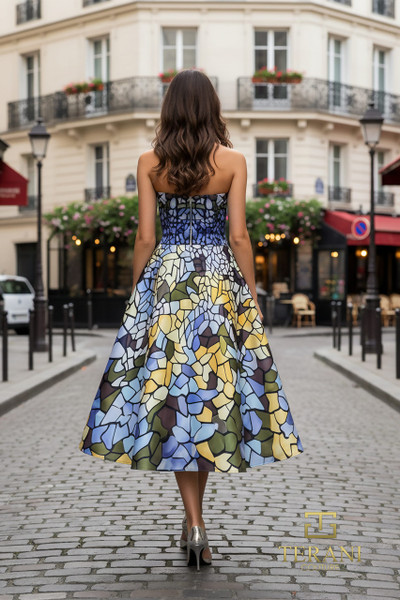 Terani Couture 261C6762 Print Satin Straight Tea Length Gown