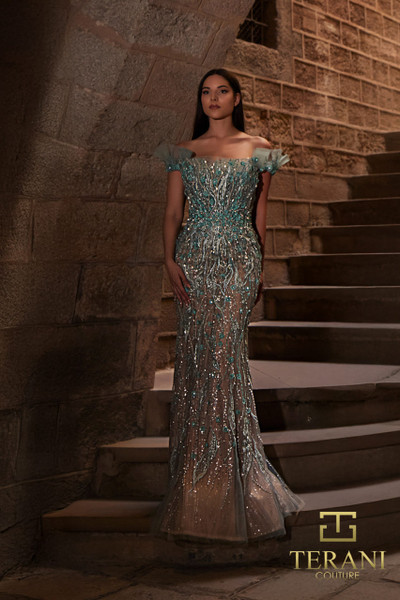 Terani Couture 261M6435 Beaded Tulle Off Shoulder Long Gown