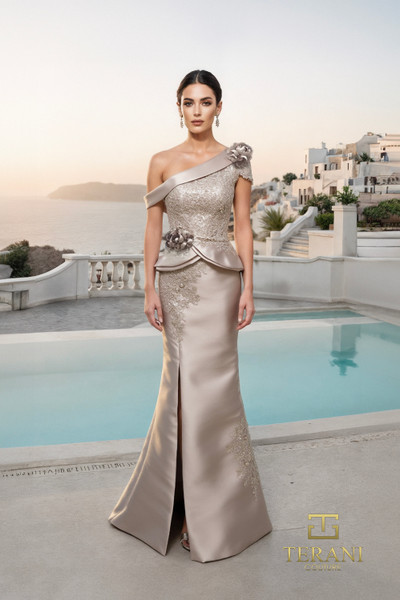 Terani Couture 261M6408 Mikado+Lace Assymetric Long Gown