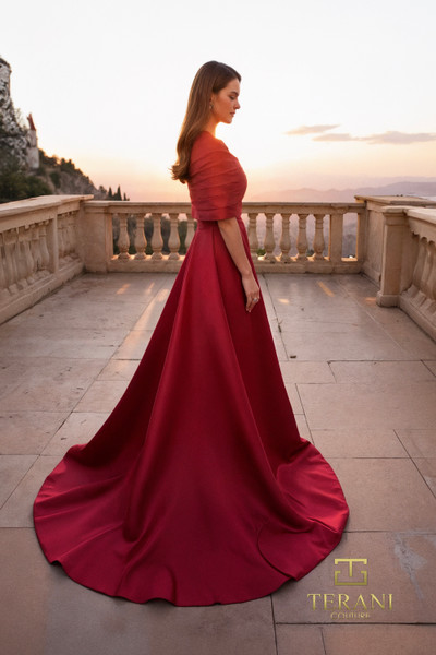 Terani Couture 261M6415 Matte Satin Straight Neck Long Gown