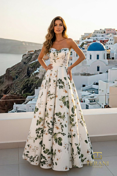 Terani Couture 261P6705 Print Satin Sweetheart Long Gown