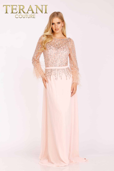 Terani Couture 1921M0473 Chiffon Feather Long Sleeves Gown